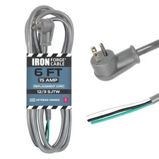Flat Plug 12 Gauge Power Cord Replacement Open End - 6ft,15 Amp Gray Heavy Du...