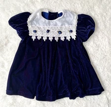 Vintage Brooke Lindsay Girls ( 12M ) Navy Blue Velvet Lace Collar Holiday Dress