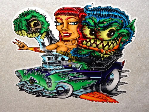 VINTAGE RATFINK DRIVES CAR W/ WOMAN MONSTER 12" METAL GASOLINE OIL RAT FINK SIGN
