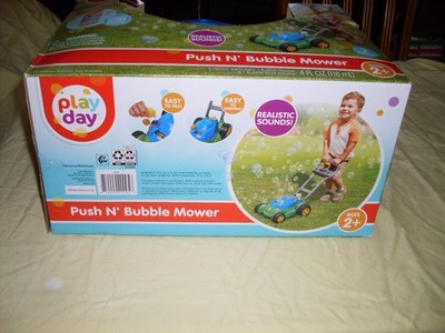 PLAY DAY PUSH N BUBBLE MOWER TOY WITH 4 OZ SOLUTION AGES 2t NEW IN BOX