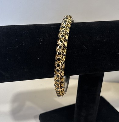 Vintage Textured Gold Tone Bangle Bracelet Black Cabochon Dot Accents Stacking