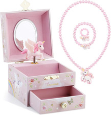 Kids Musical Jewelry Box for Girls w/ Drawer Unicorn Over the Waves Tune Pink