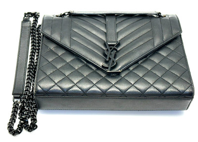 Yves Saint Laurent Envelope Silver Hardware Shoulder Bag Medium Black Leather