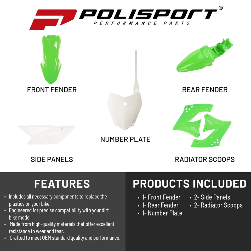 Kit de plástico Polisport MX para Kawasaki KLX 110 (2010-25) motocross, verde/blanco Foto 2 de 4