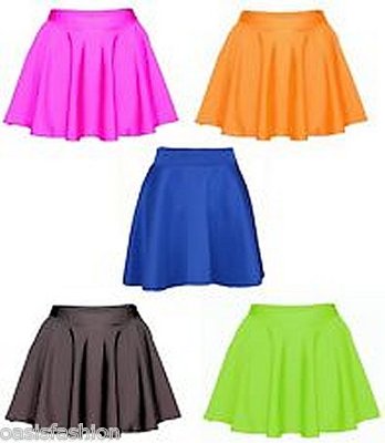LADIES WOMENS NEON FLURO WET LOOK SKATER SKIRT MINI SHORT PLAIN SHINY  FLARED Australia