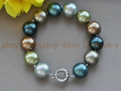 7.5" Multicolor South Sea Shell Pearl Beaded Bracelet - 8/10/12mm Beads, Spring Ring, Handmade (Imitation)