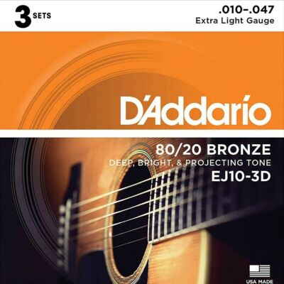D'Addario EJ10-3D Bronze Acoustic Guitar Strings, Extra Light, 10-47, 3 Sets
