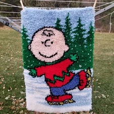 Christmas Winter Charlie Brown Latch Hook Rug Wall Winter Ice Skater 
