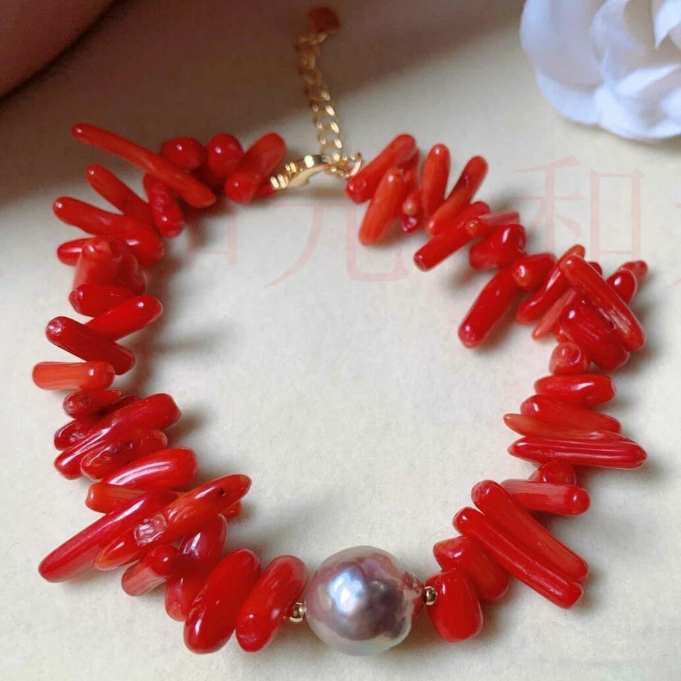 Moda Natural Blanco Redondo Perla Rojo Coral Oro Pulsera Regalo Espiritualidad Foto 4 de 4