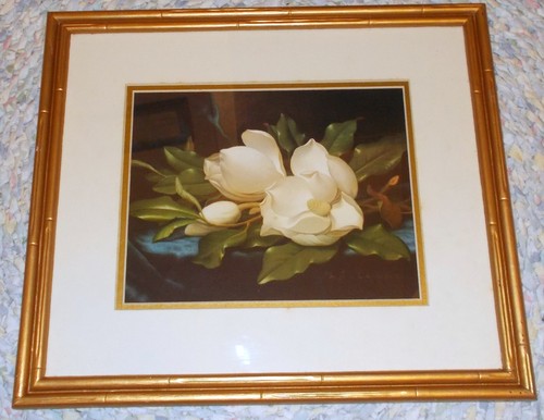 Vintage Southern MAGNOLIA Wall Picture Bamboo Look Gold Frame & White Mat 16x14"