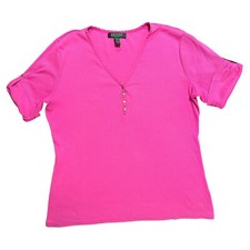 LAUREN RALPH LAUREN KNIT PINK RIBBED V NECK SHIRT PETITE SIZE LARGE