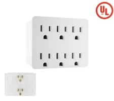 WHITE 6 Outlet Electrical Power Grounded Wall Socket Taps Adapter