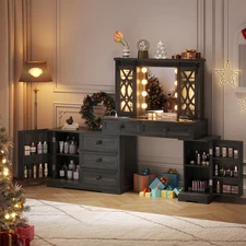 Makeup Vanity with Mirror & Lights, Vanity Desk with 5 Drawers & 9 Storage Shelf