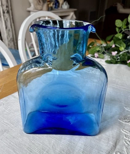 BLENKO ART GLASS AZURE TURQUOISE BLUE DOUBLE SPOUT WATER BOTTLE CARAFE PITCHER