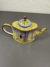 Antique Enamel Copper Mini Teapot Hand Painted Forest Scene Austria Art Nouveau