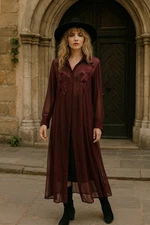 Vtg 90s Fashion Bug Sheer Purple Duster Embroidered Velvet Collar Sz L  Boho 