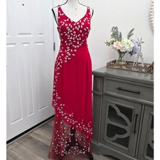 Fiesta Red Hand Beaded Prom Dress Sheer Mesh Embroidered Formal Maxi w/ Shawl S
