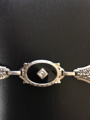 Filigranes antikes Armband 14 Karat Weißgold schwarzer Onyx & Diamant - Bild 6 von 6