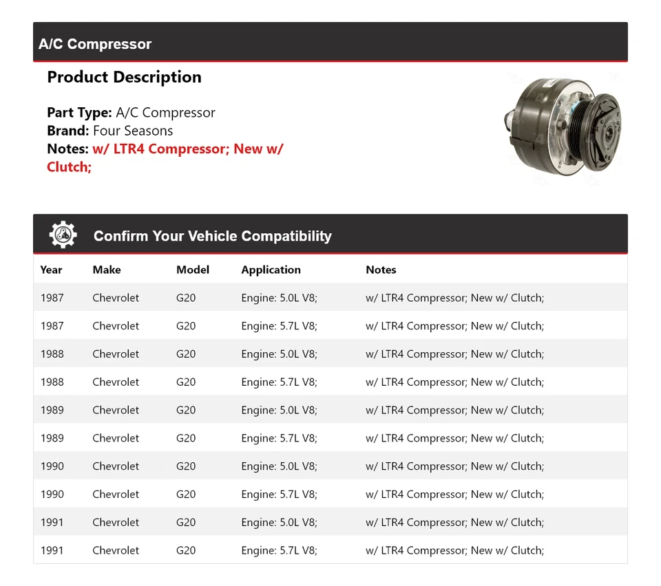 Compresor de aire acondicionado para Chevrolet G20 1987-1991 4 estaciones 1988 1989 1990 Foto 2 de 4