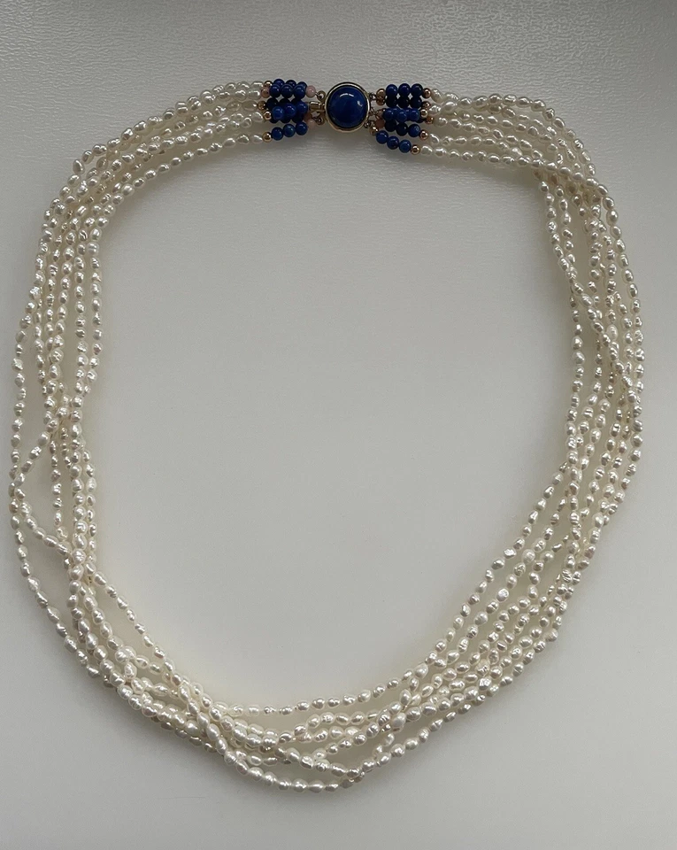 Gold Plated Sterling Silver Multi Strand Pearl Necklace Lapis Lazuli Clasp 22.5" - Image 2 of 4