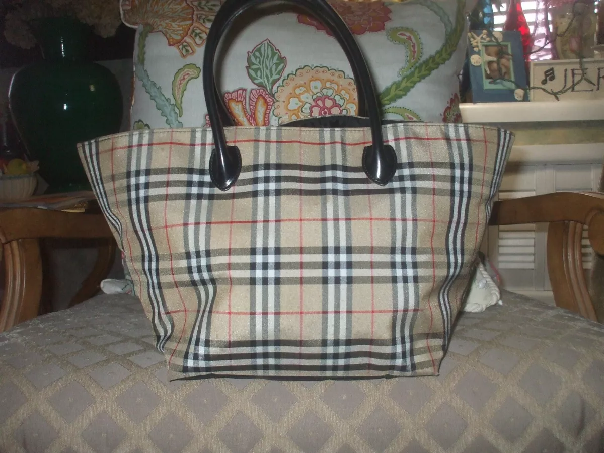 Aurhentic Burberry blue label plaid red black tan white canvas leather tote #21