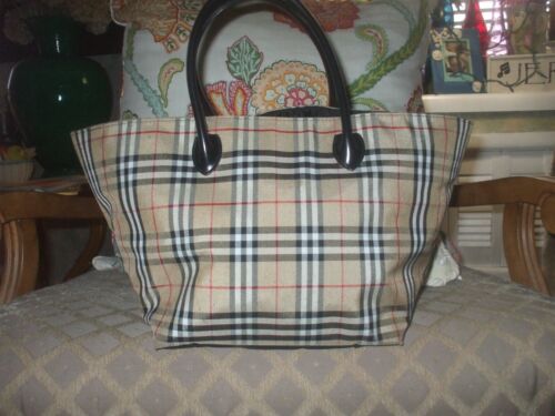 Aurhentic Burberry blue label plaid red black tan white canvas leather tote  #21
