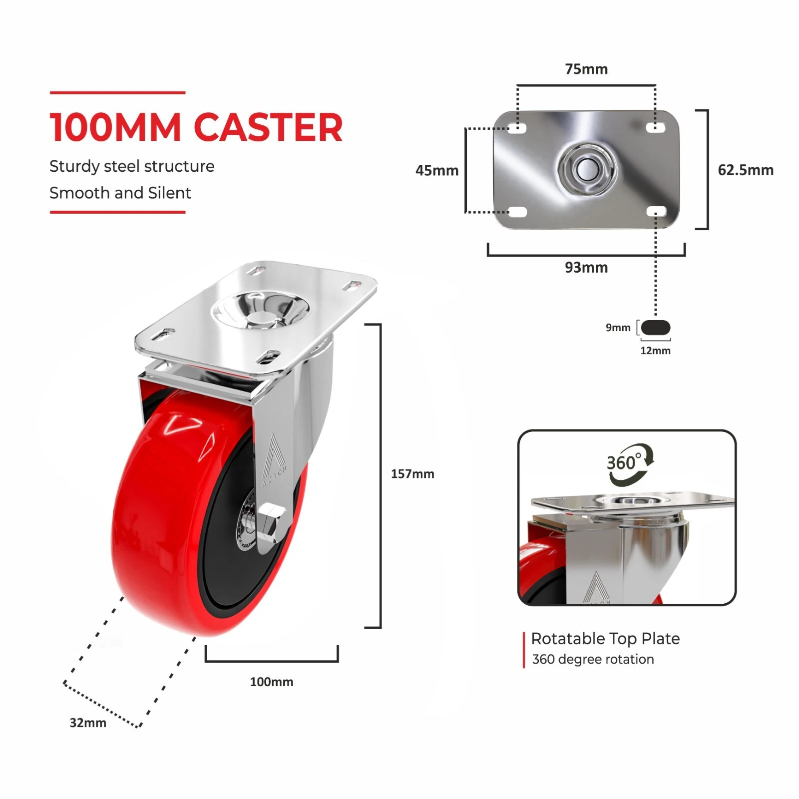 Auroh 100mm PU Castor Dimensions - Standard