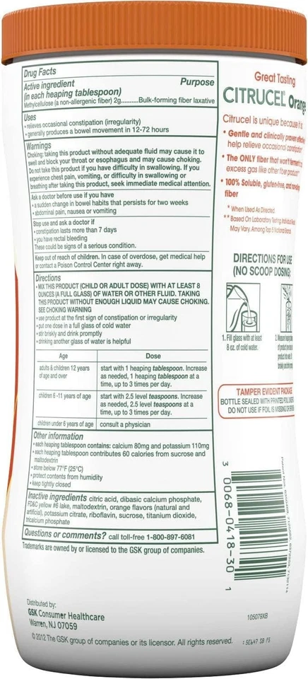 Pó terapêutico de fibra Citrucel - Laranja - 30 oz - Imagem 2 de 3