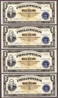 Philippines 4 CONSECUTIVE One Peso "VICTORY" 1944 Pick-94 from Original Pack UNC