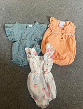 Shabby Chic Baby Girls 3-6M Muslin Cotton 3pc Romper Bundle Floral Strawberry