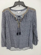 Daniel Rainn DR2 Top Womens Large Blue Print Embroidered Tassel Tie Boho Peasant