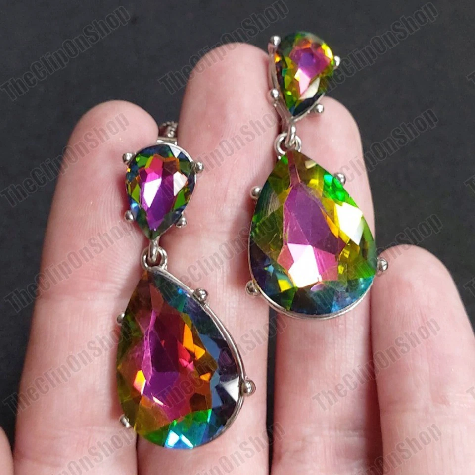 PENDIENTES CLIP ON topacio místico púrpura multi lágrima cristal estrás Foto 3 de 4