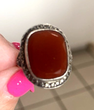 Vintage German Sterling Silver Size 5 1/2 Carnelian Marcasite Ring 4.34 Grams