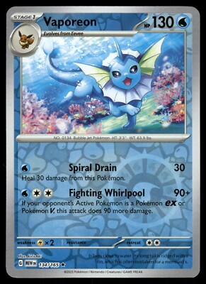Vaporeon Reverse Holo NM 134/165 Scarlet & Violet 151 Pokemon Card