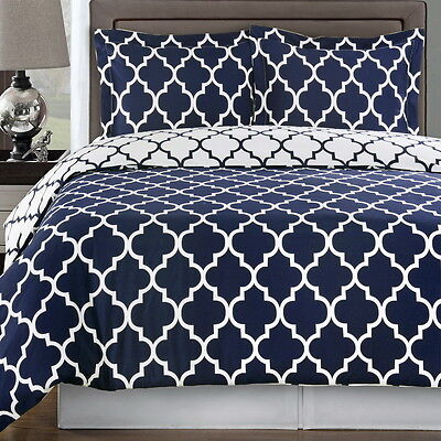 Duvet Cover Set 100 Cotton Moroccan Quatrefoil Trellis Navy Blue