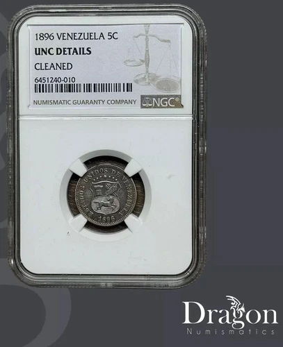 Venezuela 1896 5 Centimos "PUYA" Copper-nickel Coin NGC UNC DETAILS CLEANED🐉