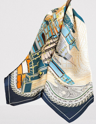 100% Silk Mulberry 26 Inch Square Scarf Womens Wrap in Blue Beige