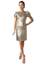 RENE Rene Ruiz Puff Sleeve Sequin Cocktail Dress Women's 8 Gold Back Zip Closure