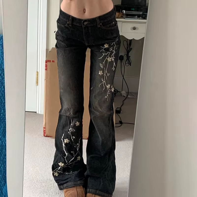 Grunge Embroidered Skinny Low Rise Flared Jeans Women Vintage Y2K 