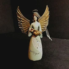 Heart of Gold Angel ornament, poly resin, vintage, 5" x 2.75", mint green, gold,