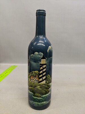 Hand Painted Lighthouse Sea Scene on Wine Bottle 12  Tall Missing Cork