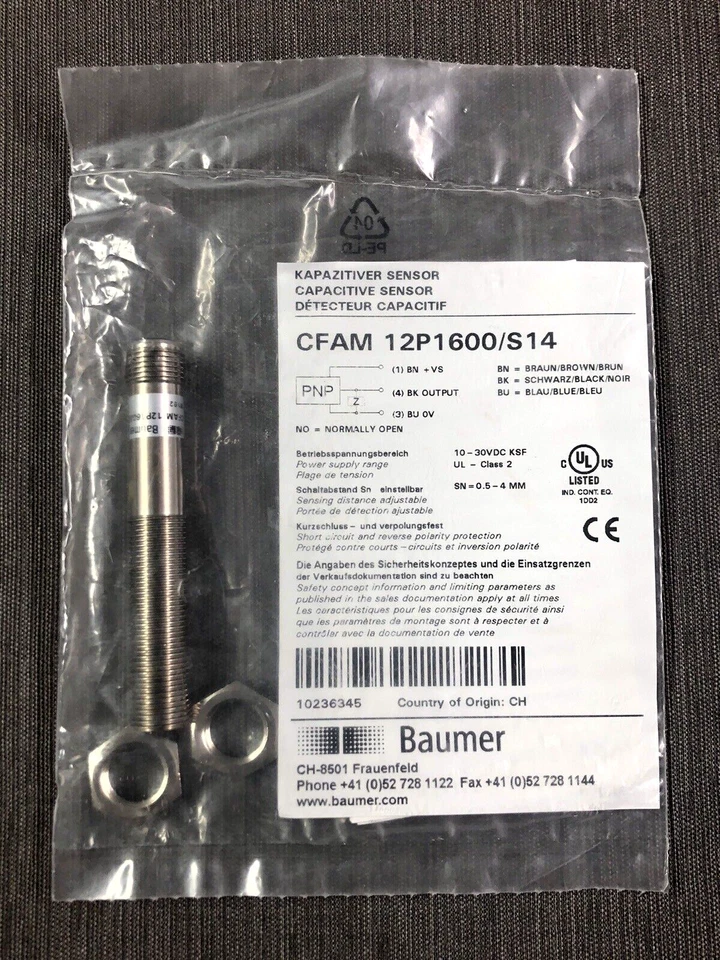 Baumer CFAM 12P1600/S14 Capacitive Proximity Sensor 0.5 to 4mm Sensing NO PNP - Image 2 of 3