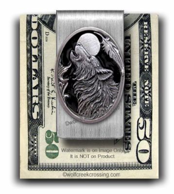 LARGE HOWLING WOLF MOON DOG EAGLE FEATHER MONEY CLIP DISCONTINUED VINTAGE NEW #E