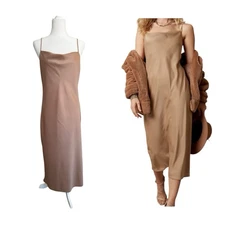 Banana Republic Satin Slip Dress Small Tan  Cowl Neck Midi Adjustable Straps NWT