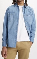 Levi's Barstow Western Denim Shirt Mens M Blue Light Stone Wash Pearl Snaps EUC