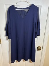 Sam Edelman Chiffon Sz 12 Pleat Sleeve Shift Cocktail Dress In Navy Blue