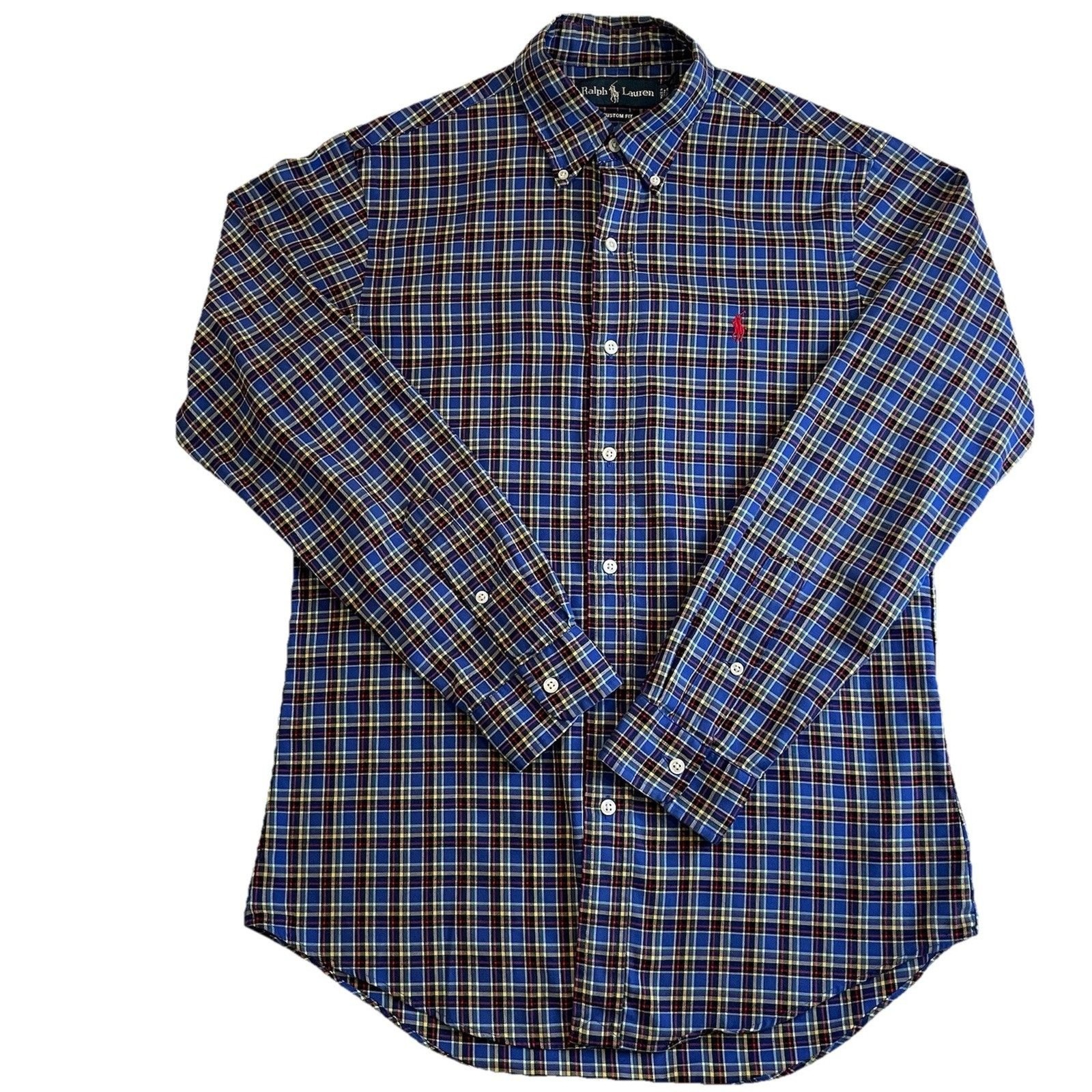 Ralph Lauren Mens Shirt Tattersall Plaid Blue/Red/Yellow Button Long Sleeve-S image 2