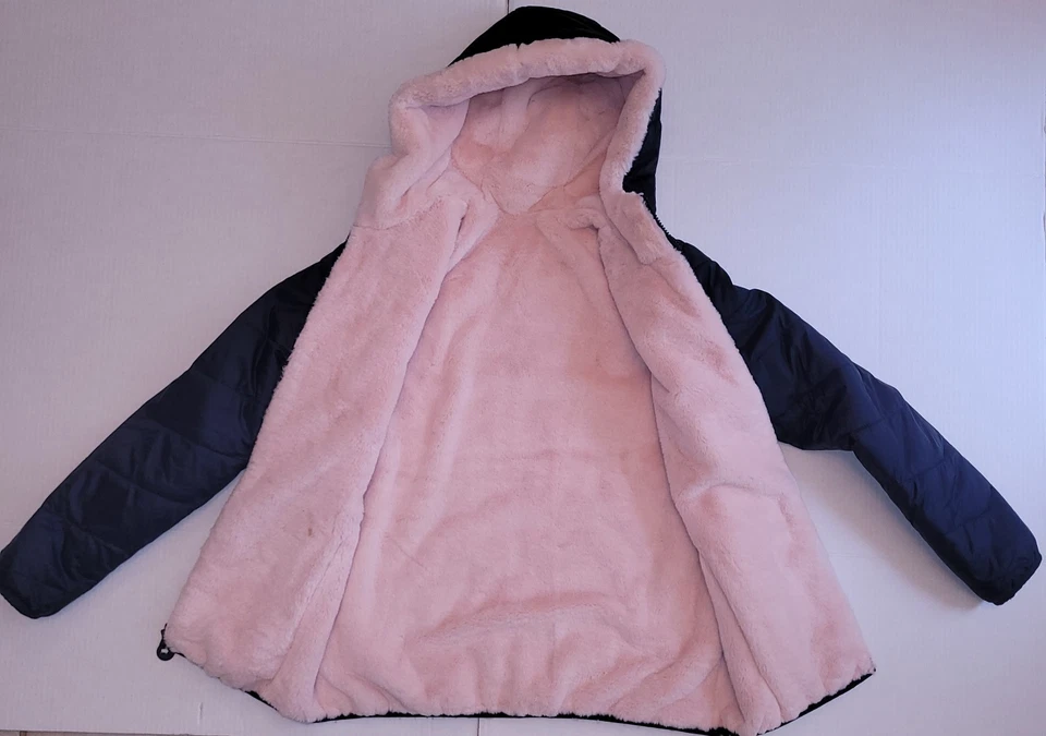 Abercrombie Girls Puffer Jacket, Navy Blue, Faux Fur Pink Lining, Hooded, 13/14 - Image 2 of 4