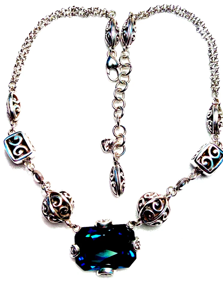 COLLAR PLATA CRISTAL SWAROVSKI AZUL MEDIANOCHE BOLA BRILLANTE EN MUY BUENA CONDICIÓN+&ESTAÑO✨VTG Foto 4 de 4