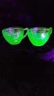 Pair 2 Cherry Blossom green Depression Glass teacups Jeanette UV uranium 1930's
